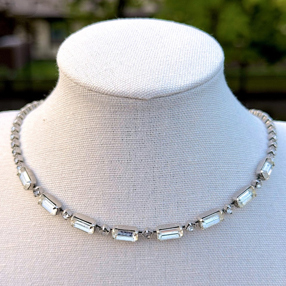 🤩 Vintage Art Deco Rhinestone Baguette Choker Silver Tone Necklace